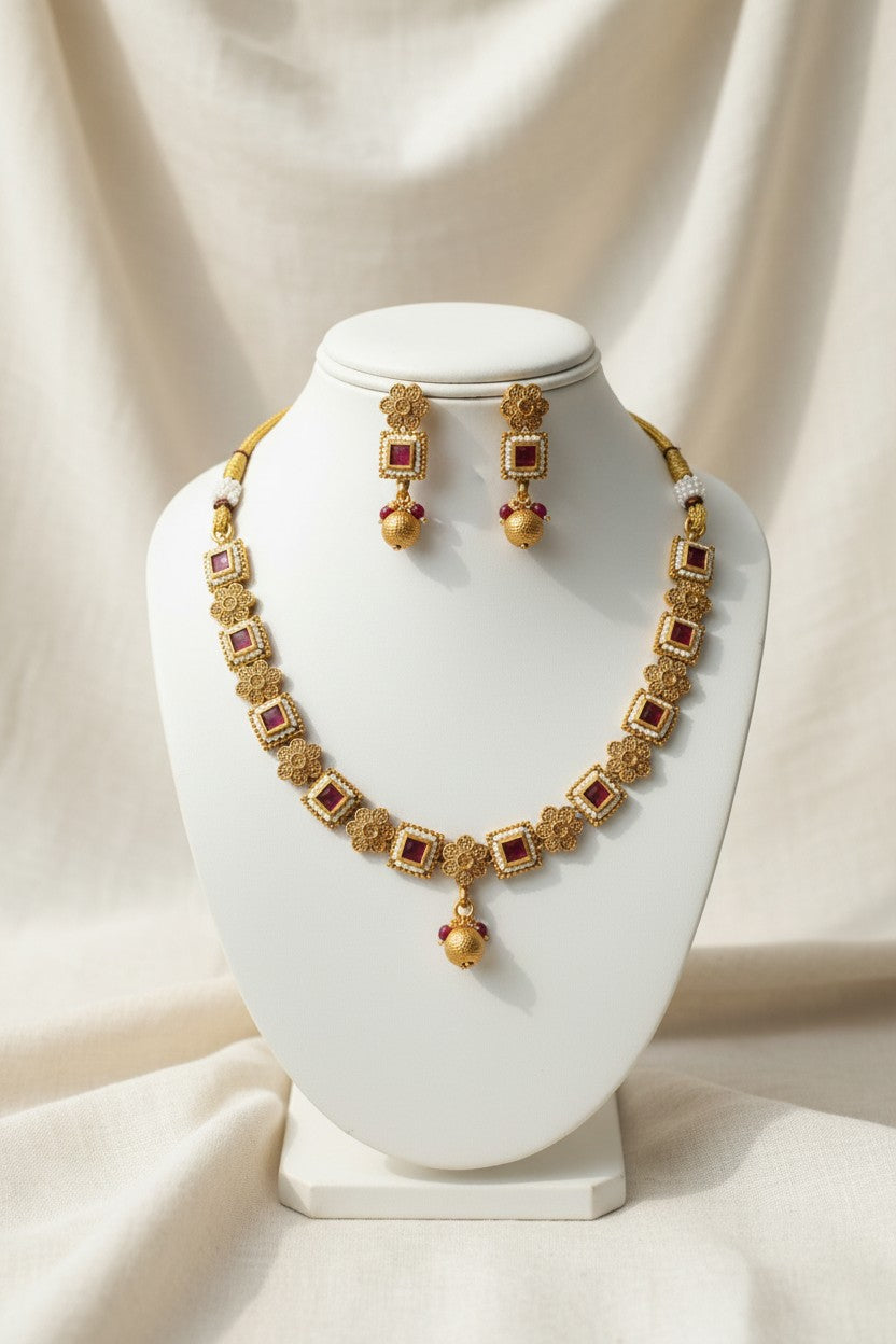 Royal Ruby Square Necklace Set