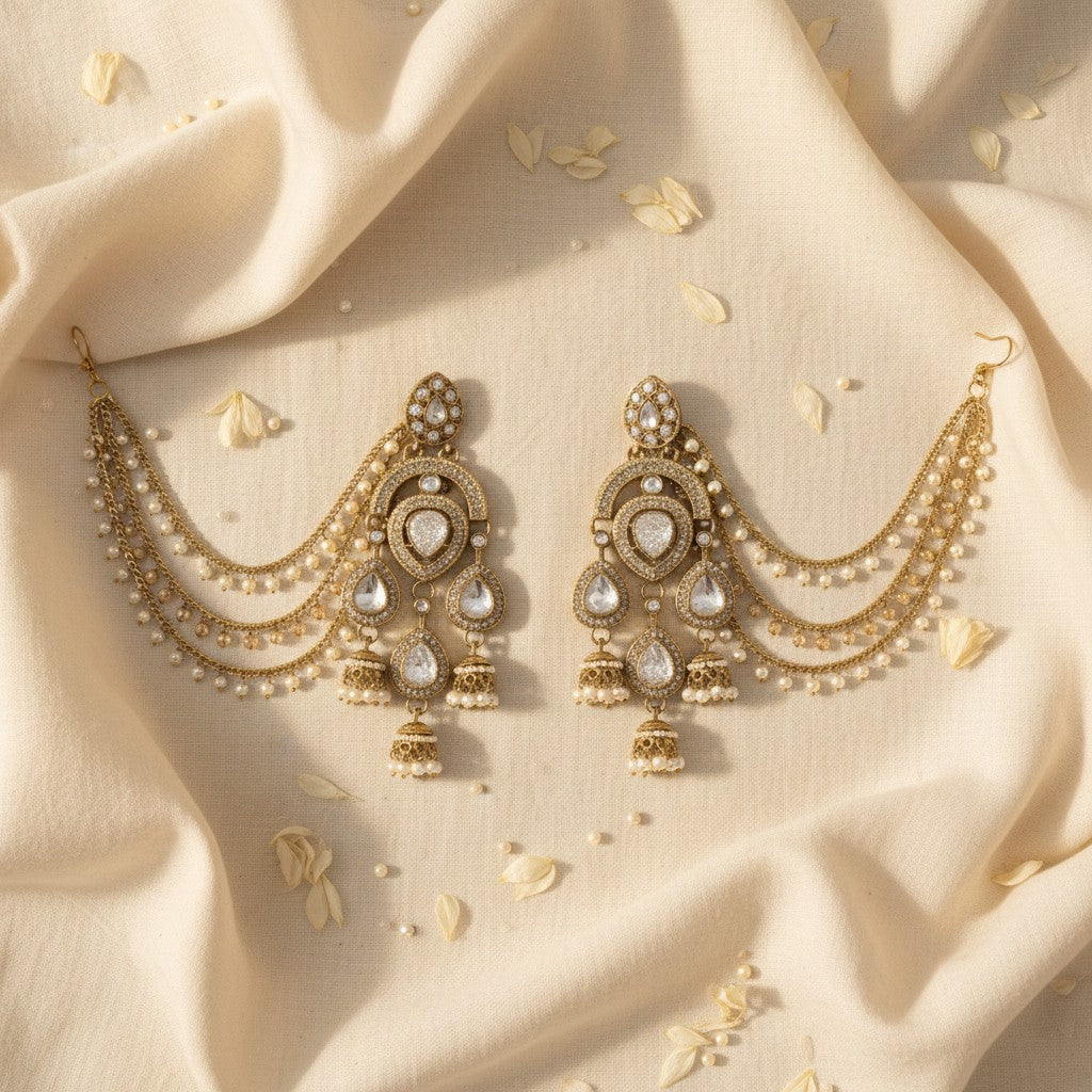 Kundan Polki Chandelier Earrings with Pearl Ear Chain