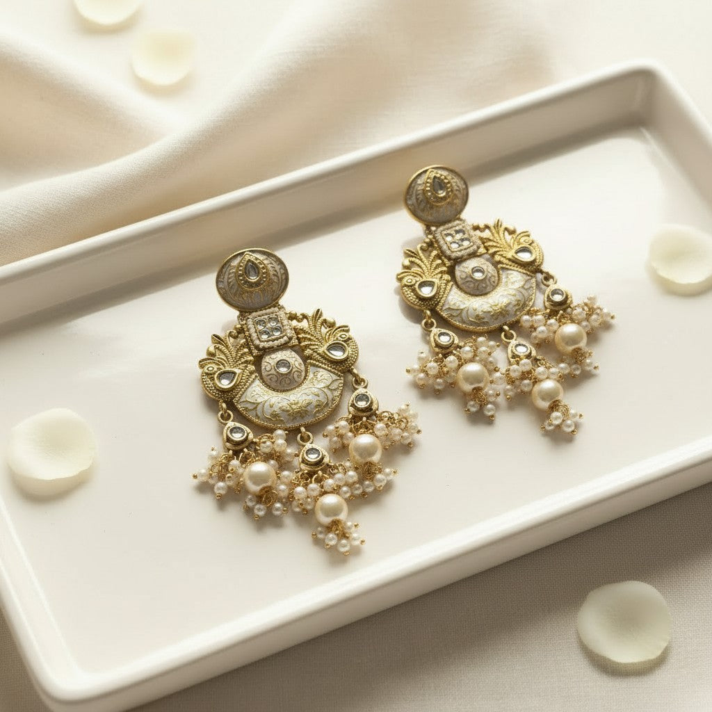 Ivory Enamel Polki Chandbali Earrings