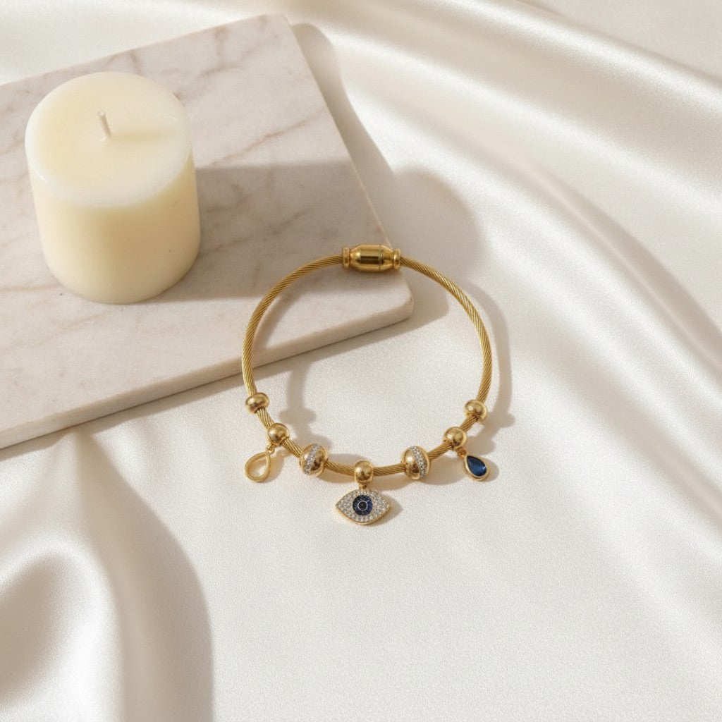 Evil Eye Charm Gold Bangle Bracelet
