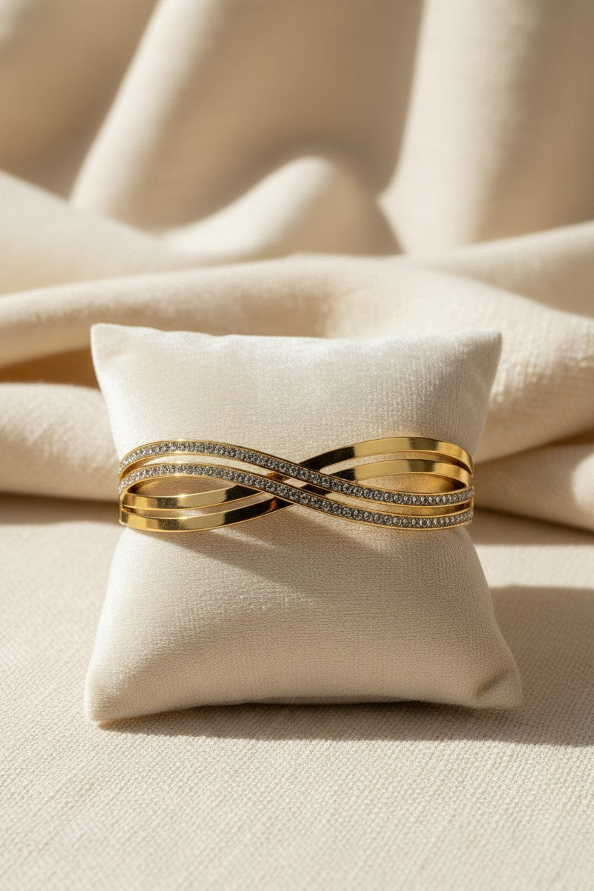 Gold Crystal Crossover Cuff Bangle