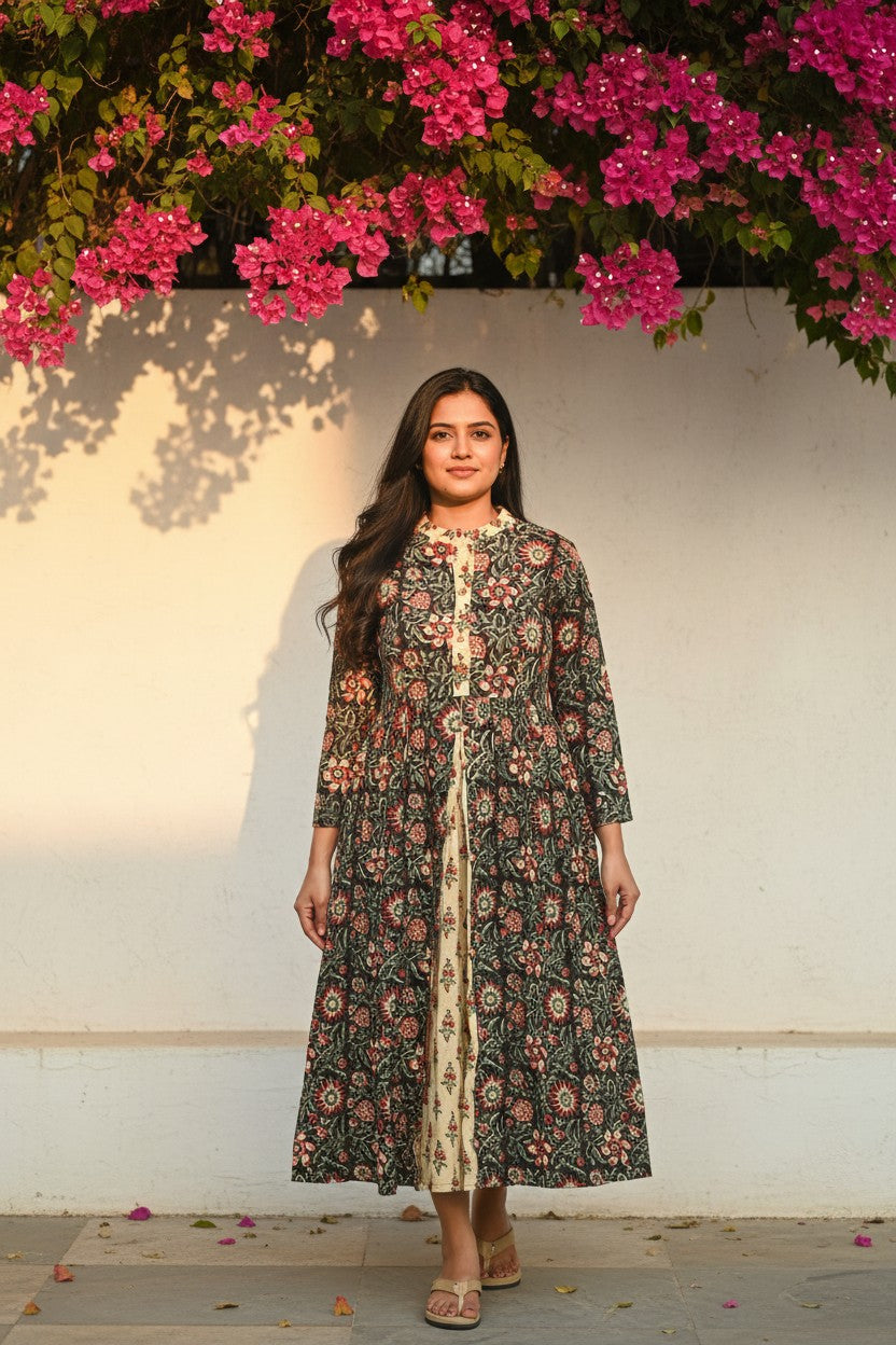 Sunflower Bagru Hand Block Maxi Dress