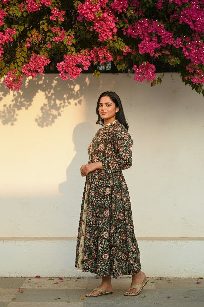 Sunflower Bagru Hand Block Maxi Dress