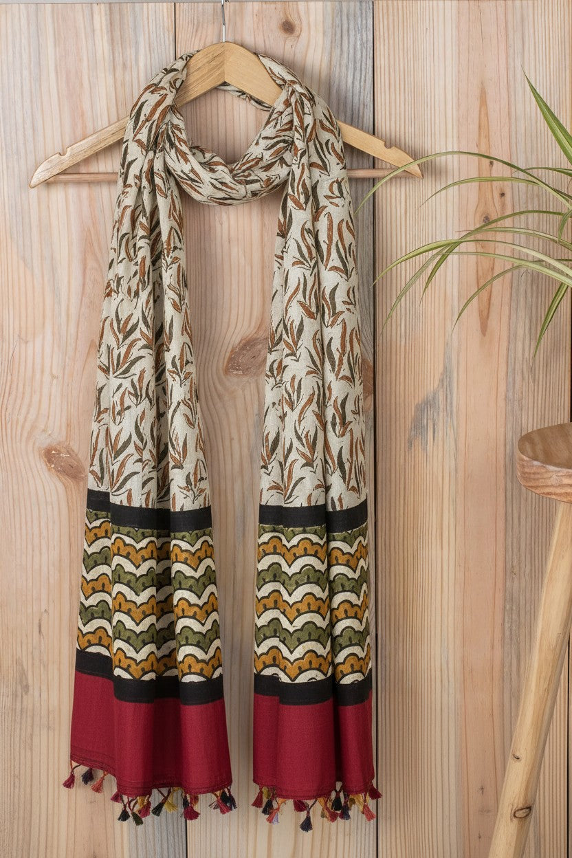 Ivory Botanical Kalamkari Block Print Stole