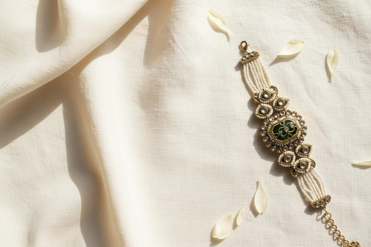 Kundan Pearl & Green Enamel Bracelet