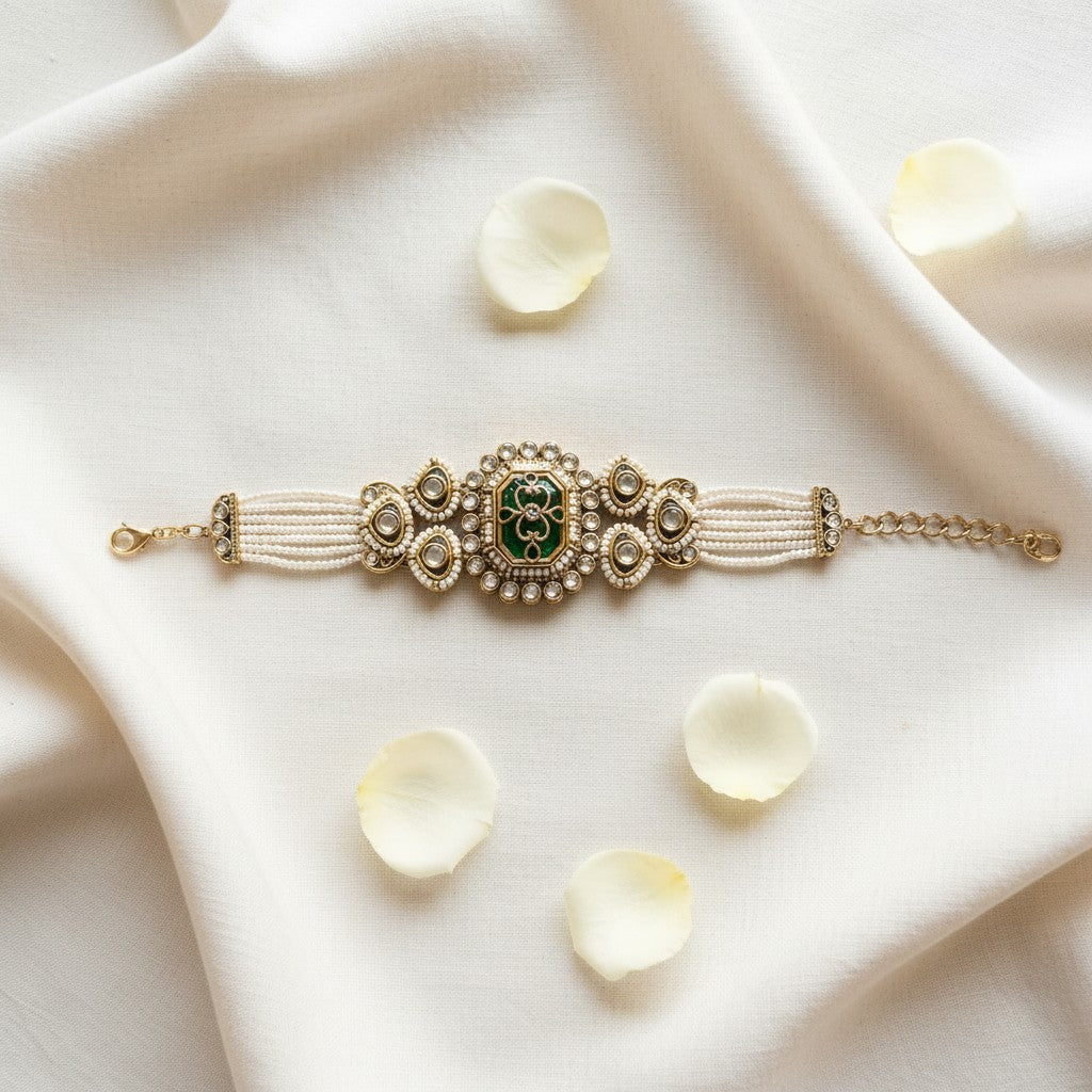 Kundan Pearl & Green Enamel Bracelet