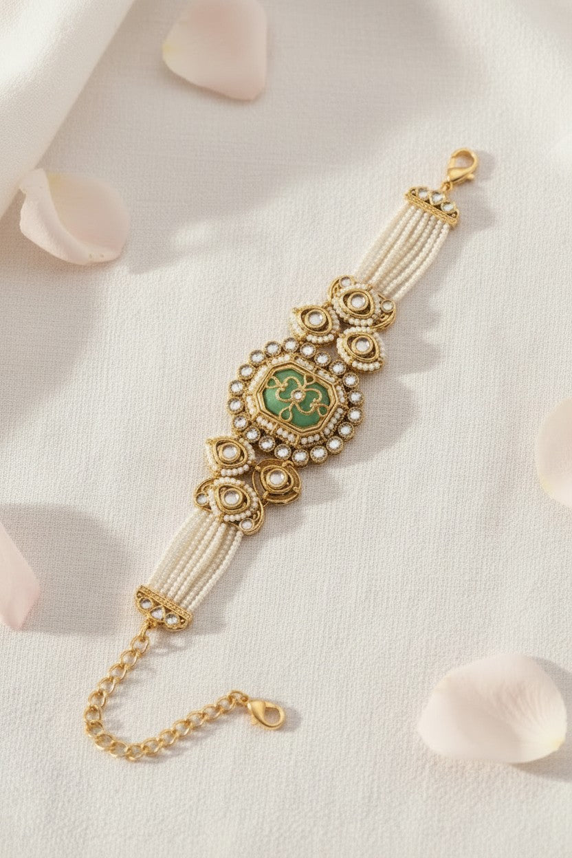 Kundan Pearl & Green Enamel Bracelet