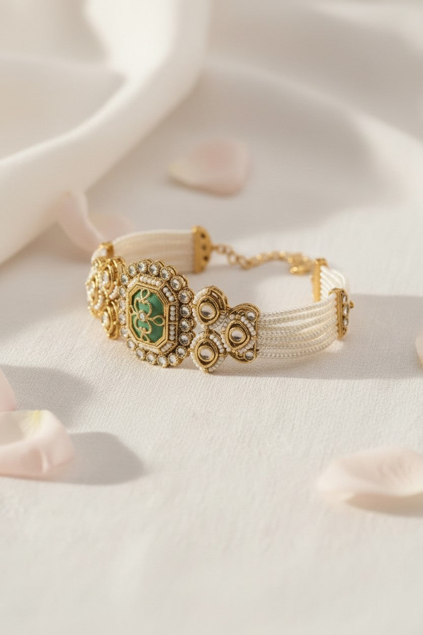 Kundan Pearl & Green Enamel Bracelet