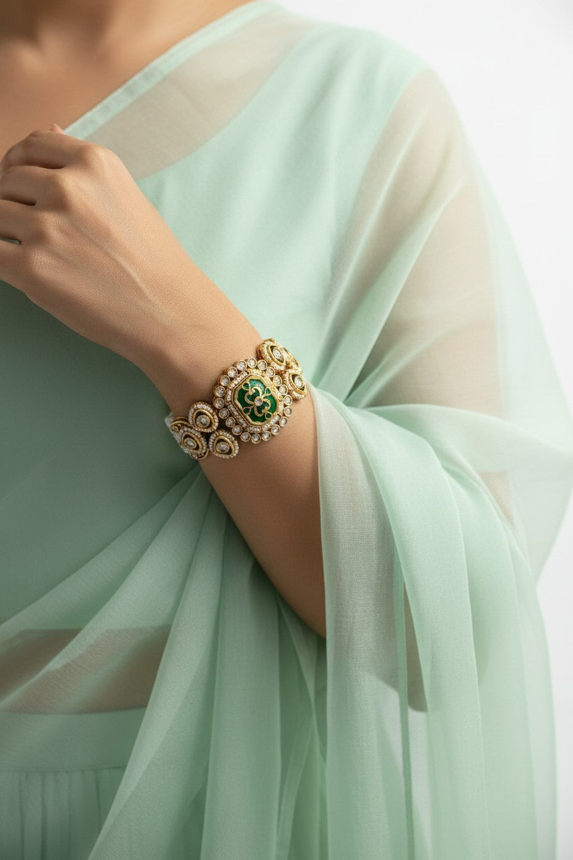 Kundan Pearl & Green Enamel Bracelet