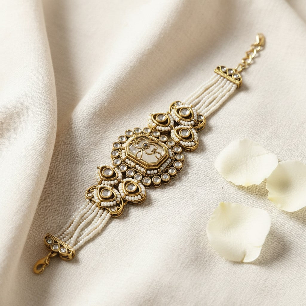Kundan Pearl & Green Enamel Bracelet