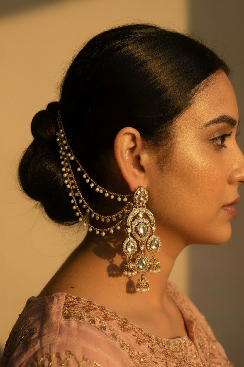 Kundan Polki Chandelier Earrings with Pearl Ear Chain
