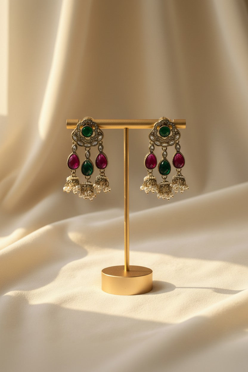 Emerald Ruby Kundan Jhumka Drop Earrings