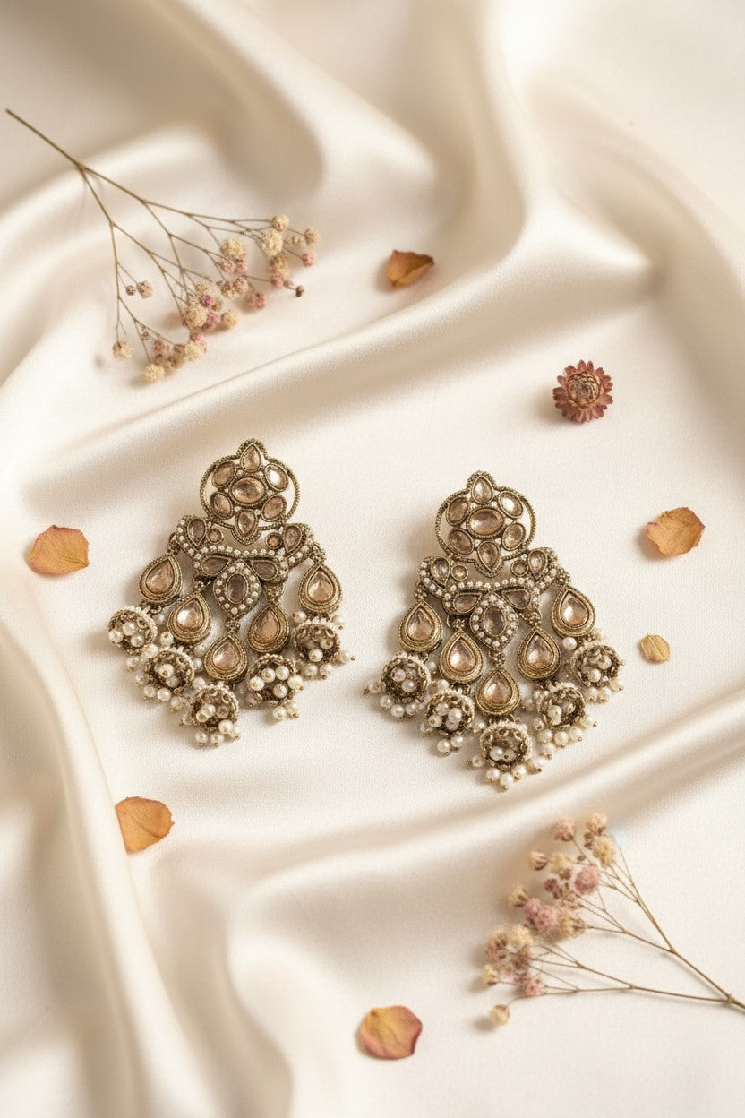 Kundan Chandelier Earrings with Pearl Jhumka Drops