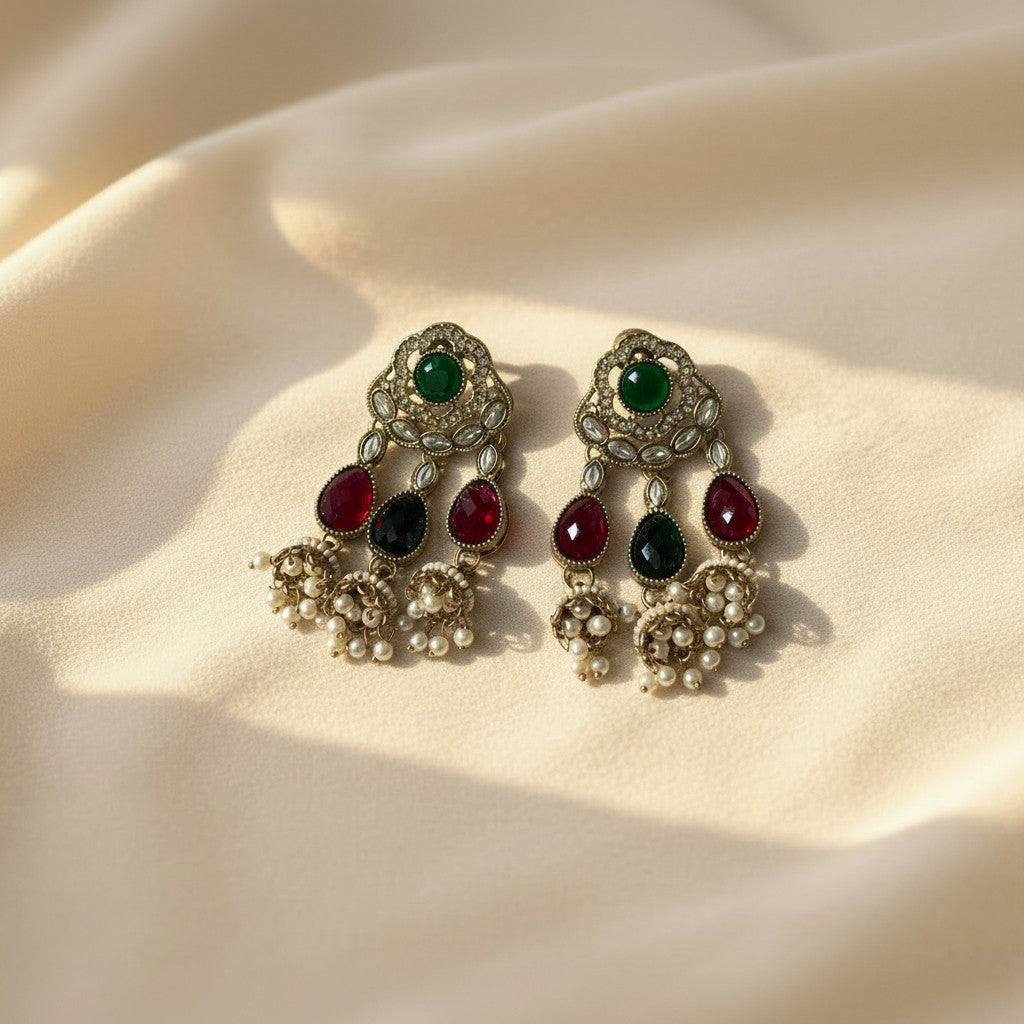 Emerald Ruby Kundan Jhumka Drop Earrings