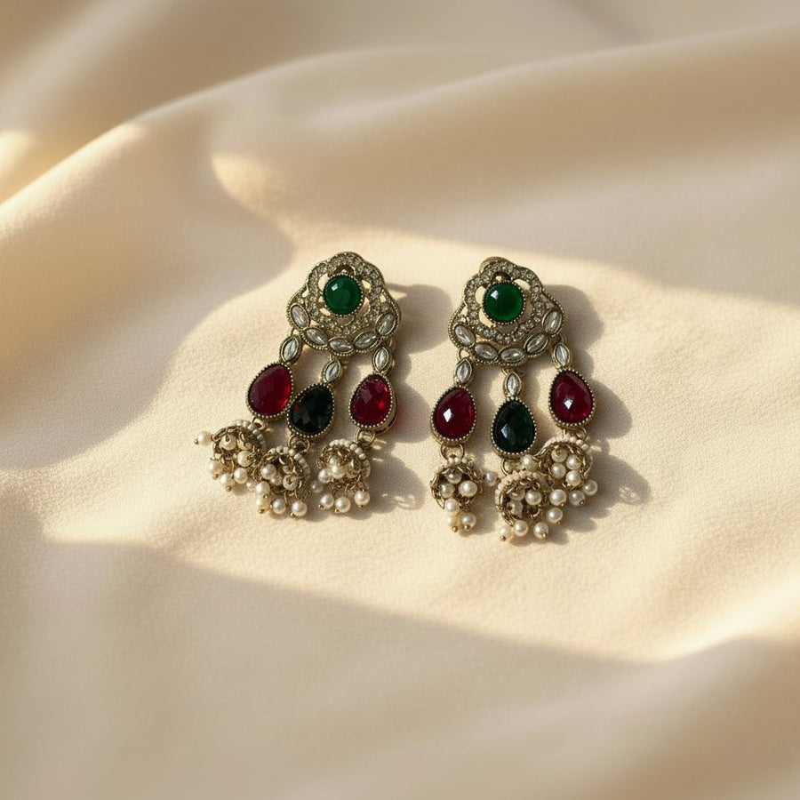 Emerald Ruby Kundan Jhumka Drop Earrings