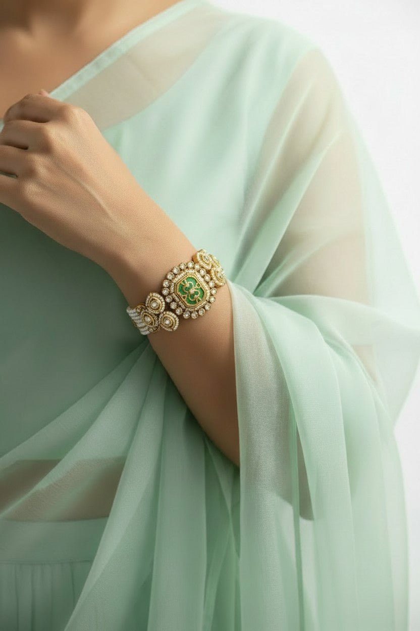 Kundan Pearl & Green Enamel Bracelet