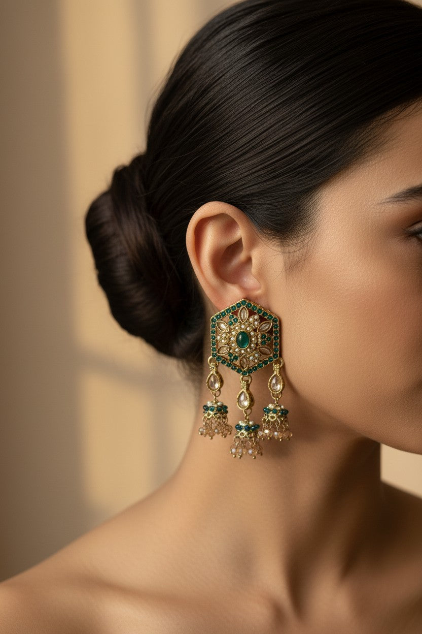 Emerald Polki Hexagon Earrings