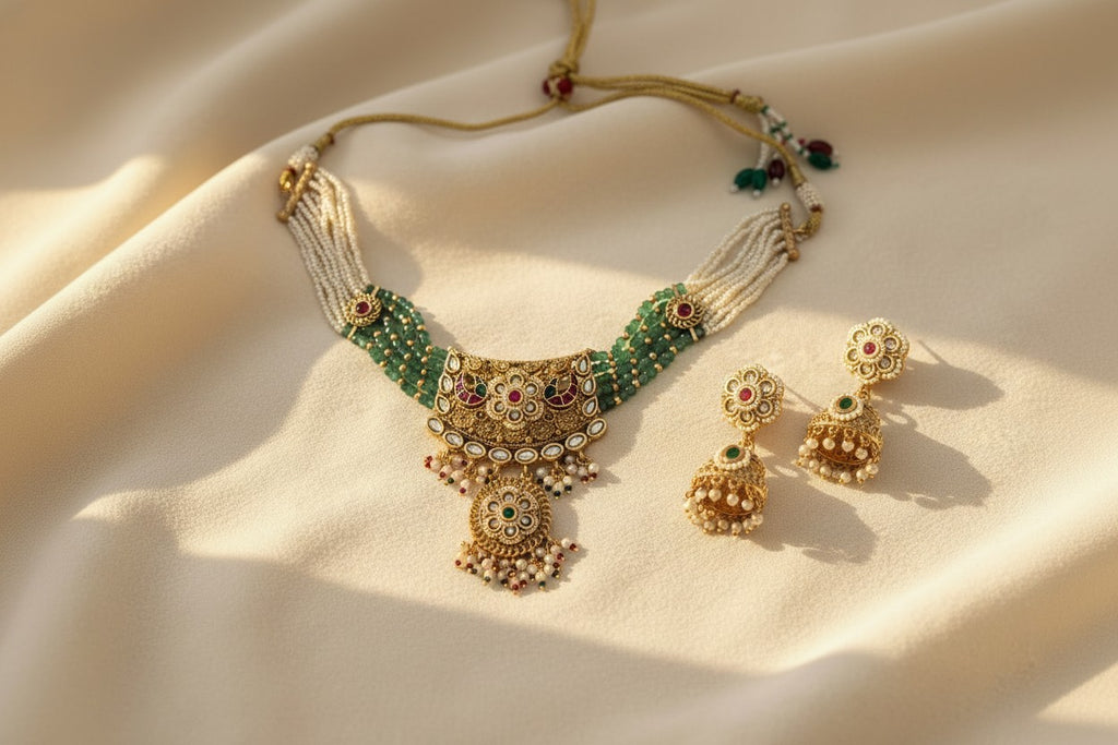 Pearl & Green Bead Multi-Strand Necklace Set