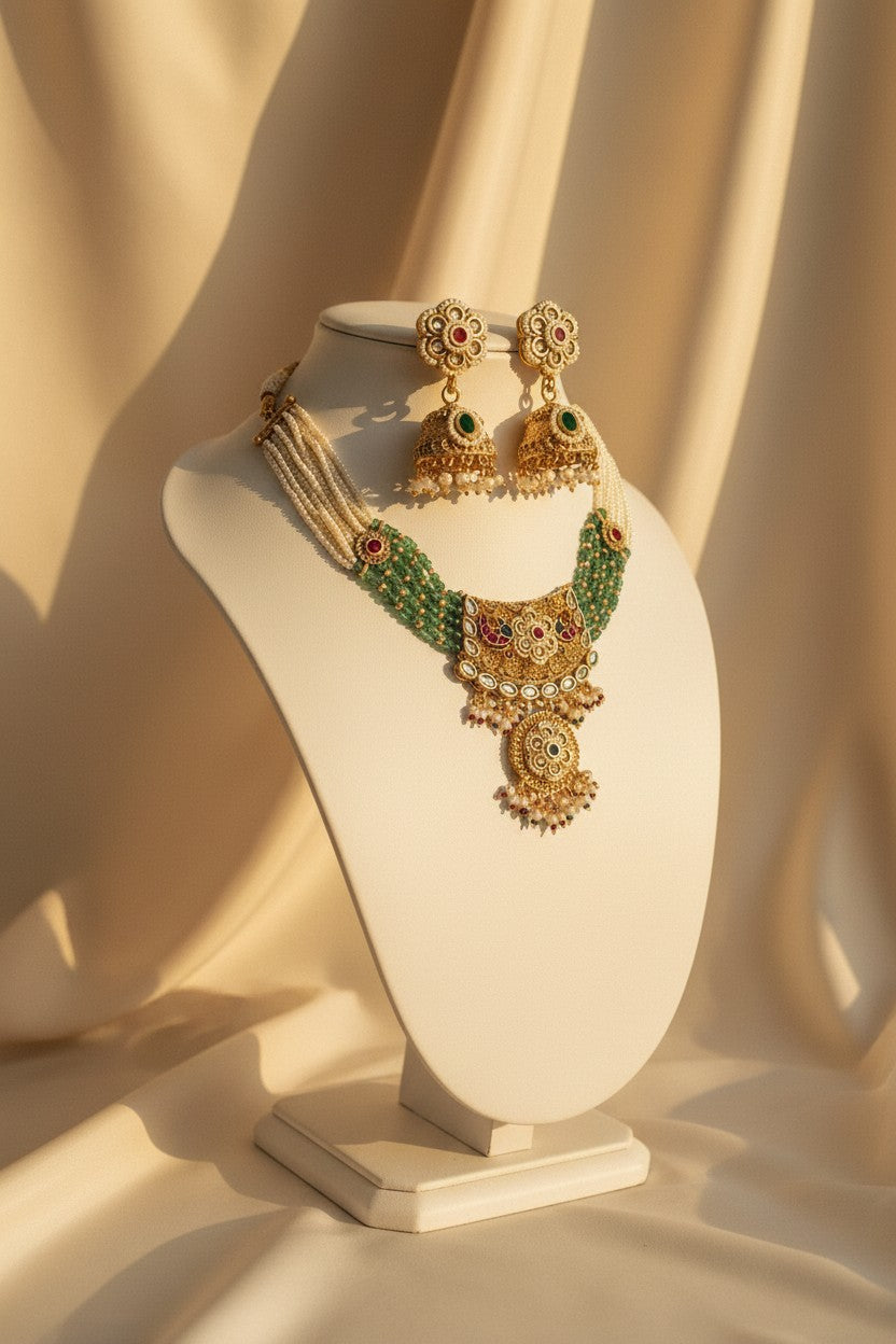Pearl & Green Bead Multi-Strand Necklace Set