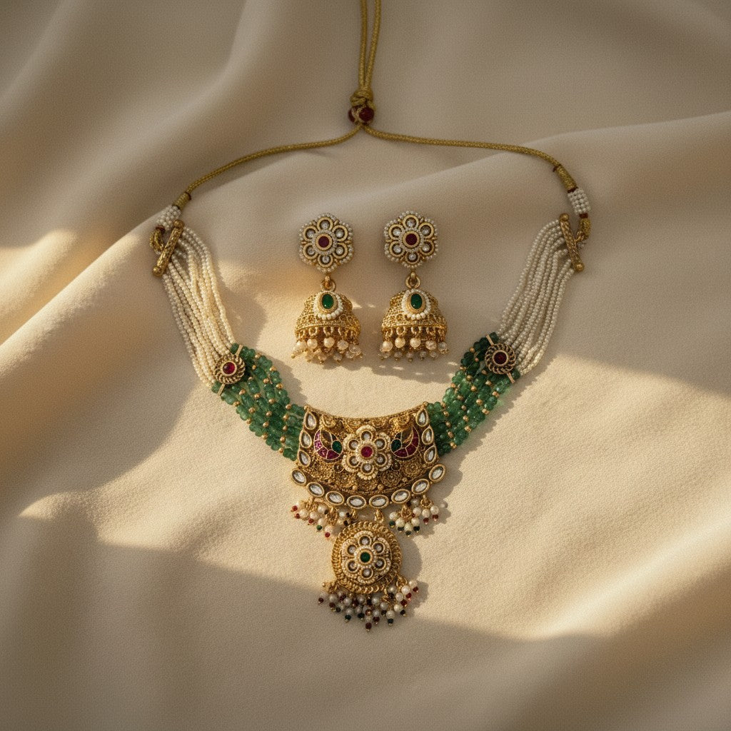 Pearl & Green Bead Multi-Strand Necklace Set