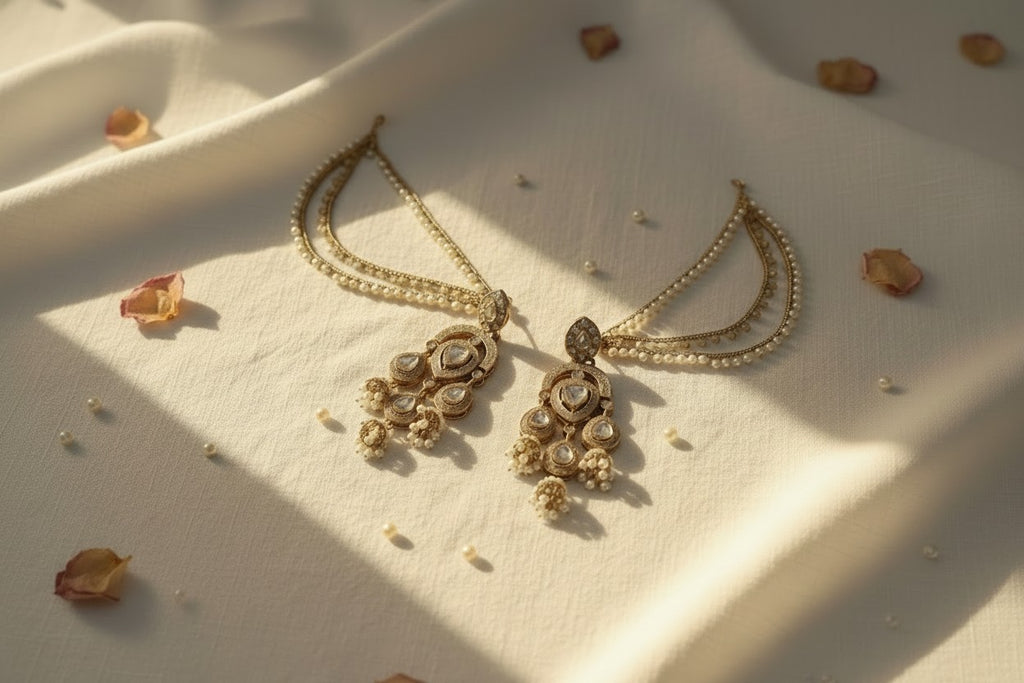 Kundan Polki Chandelier Earrings with Pearl Ear Chain