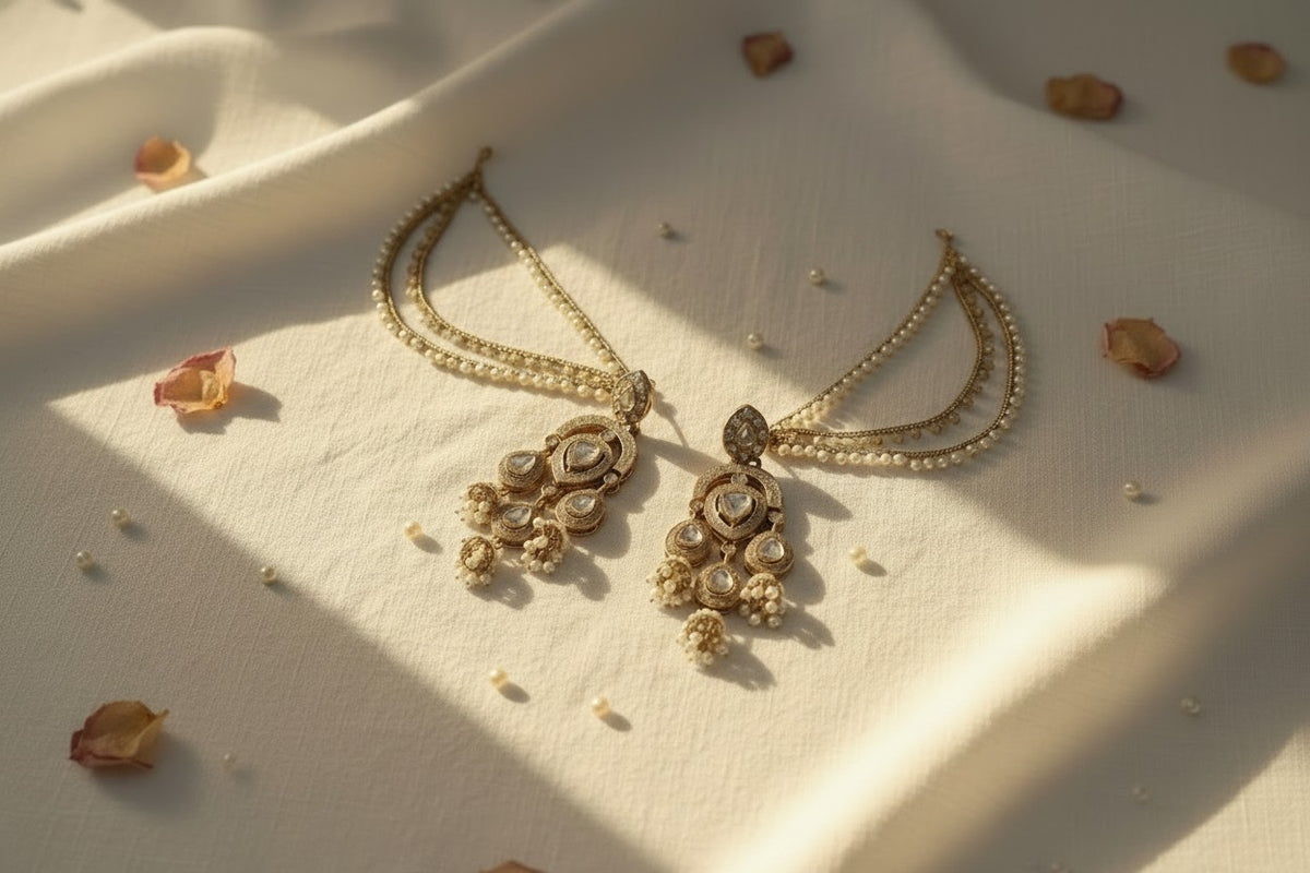 Kundan Polki Chandelier Earrings with Pearl Ear Chain