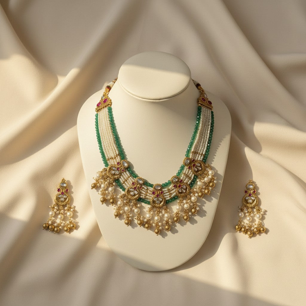 Emerald & Pearl Kundan Polki  Necklace Set