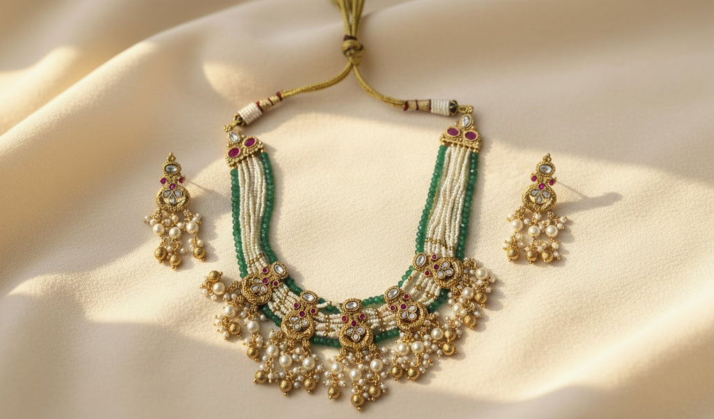Emerald & Pearl Kundan Polki  Necklace Set