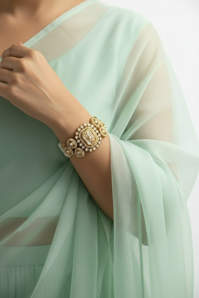 Kundan Pearl & Green Enamel Bracelet
