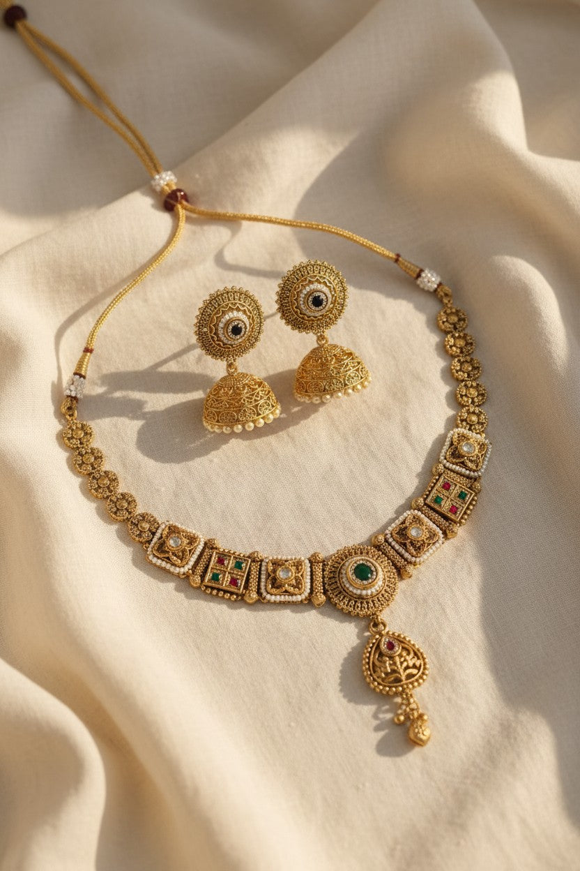 Antique Kundan Dome Jhumki Necklace Set