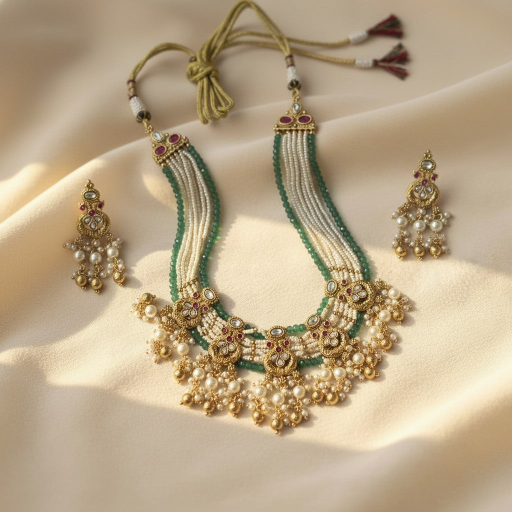 Emerald & Pearl Kundan Polki  Necklace Set