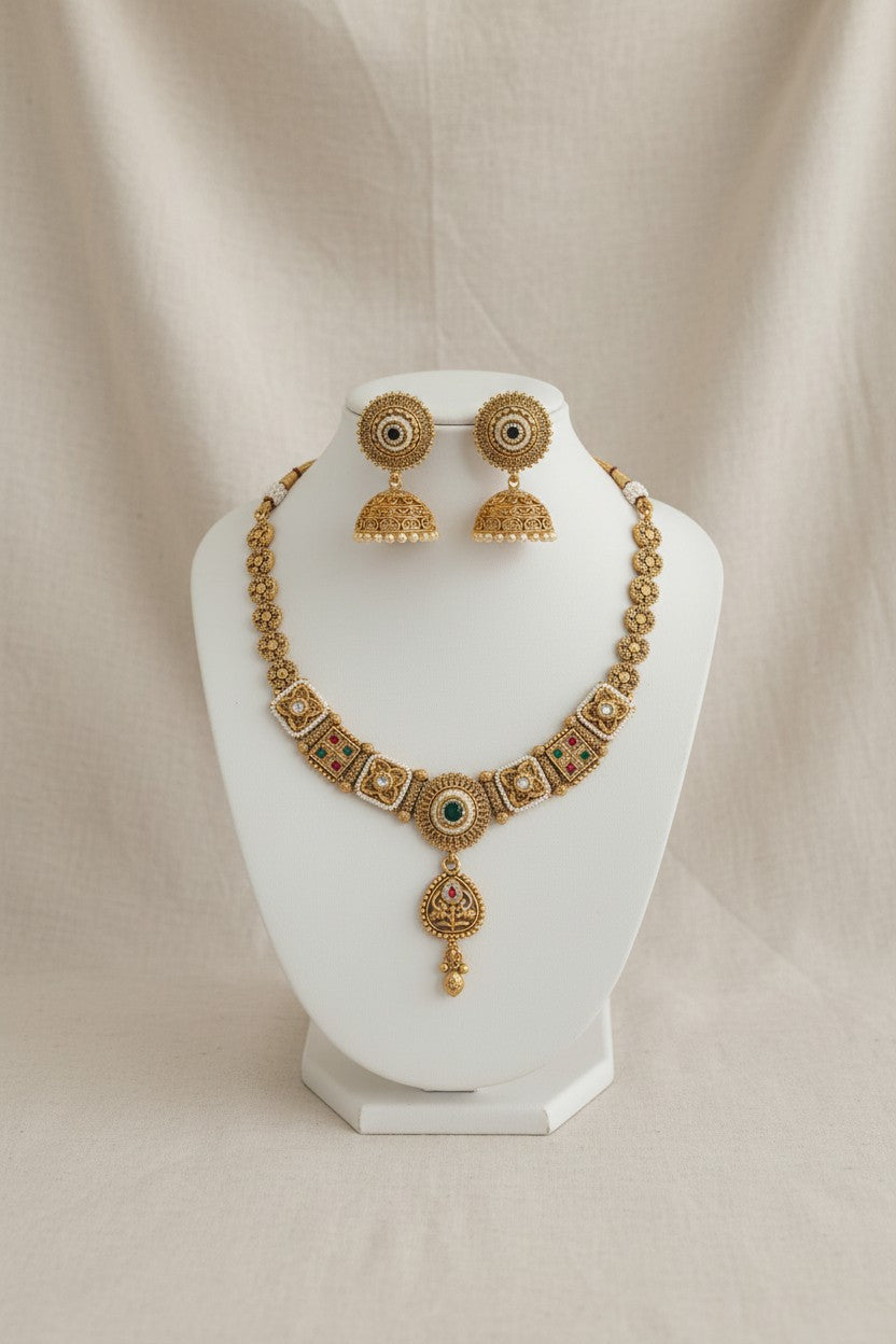 Antique Kundan Dome Jhumki Necklace Set