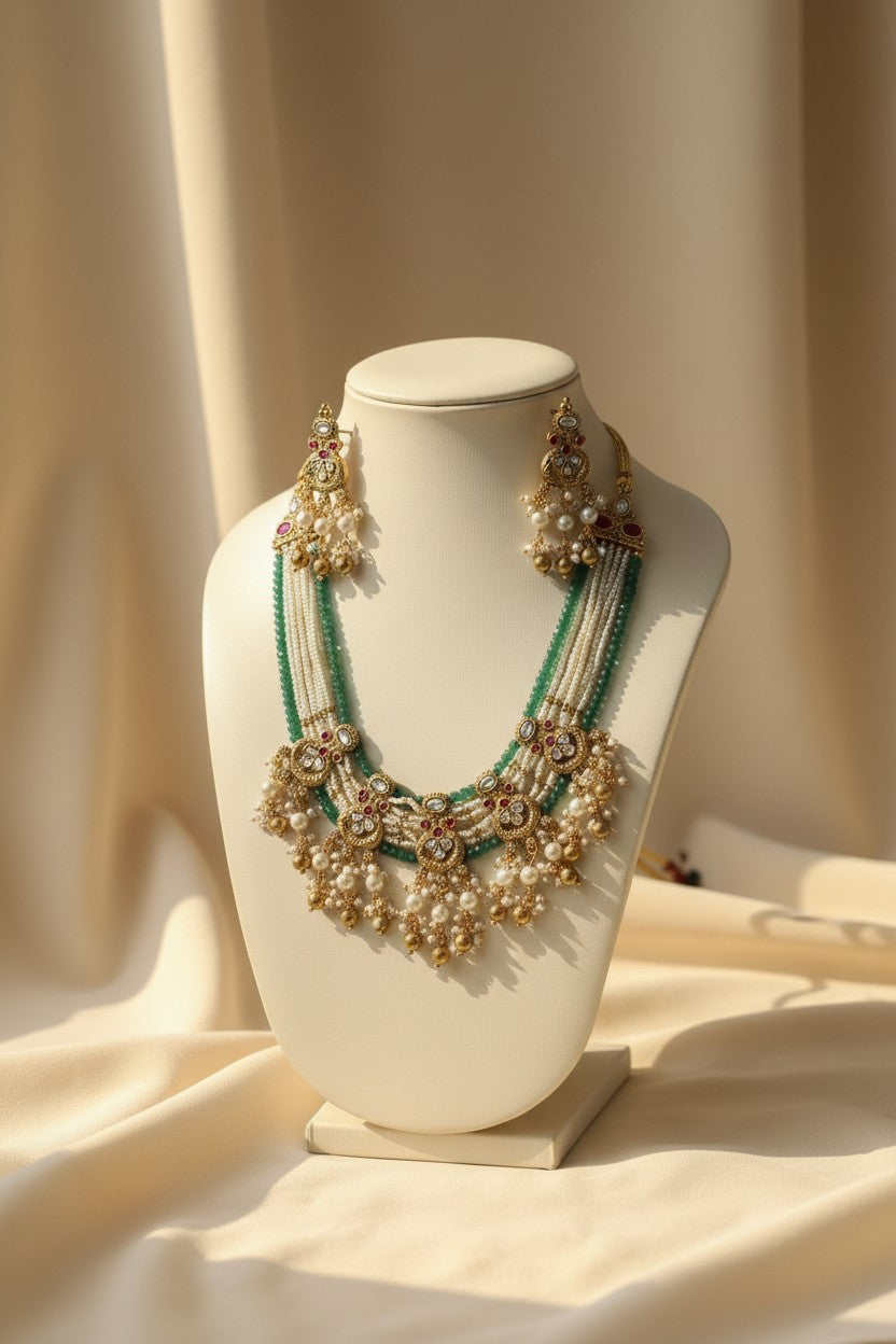 Emerald & Pearl Kundan Polki  Necklace Set