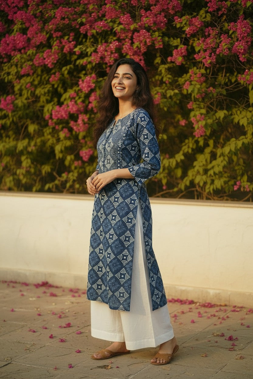 Indigo Bagru Hand Block-Printed Cotton Kurti