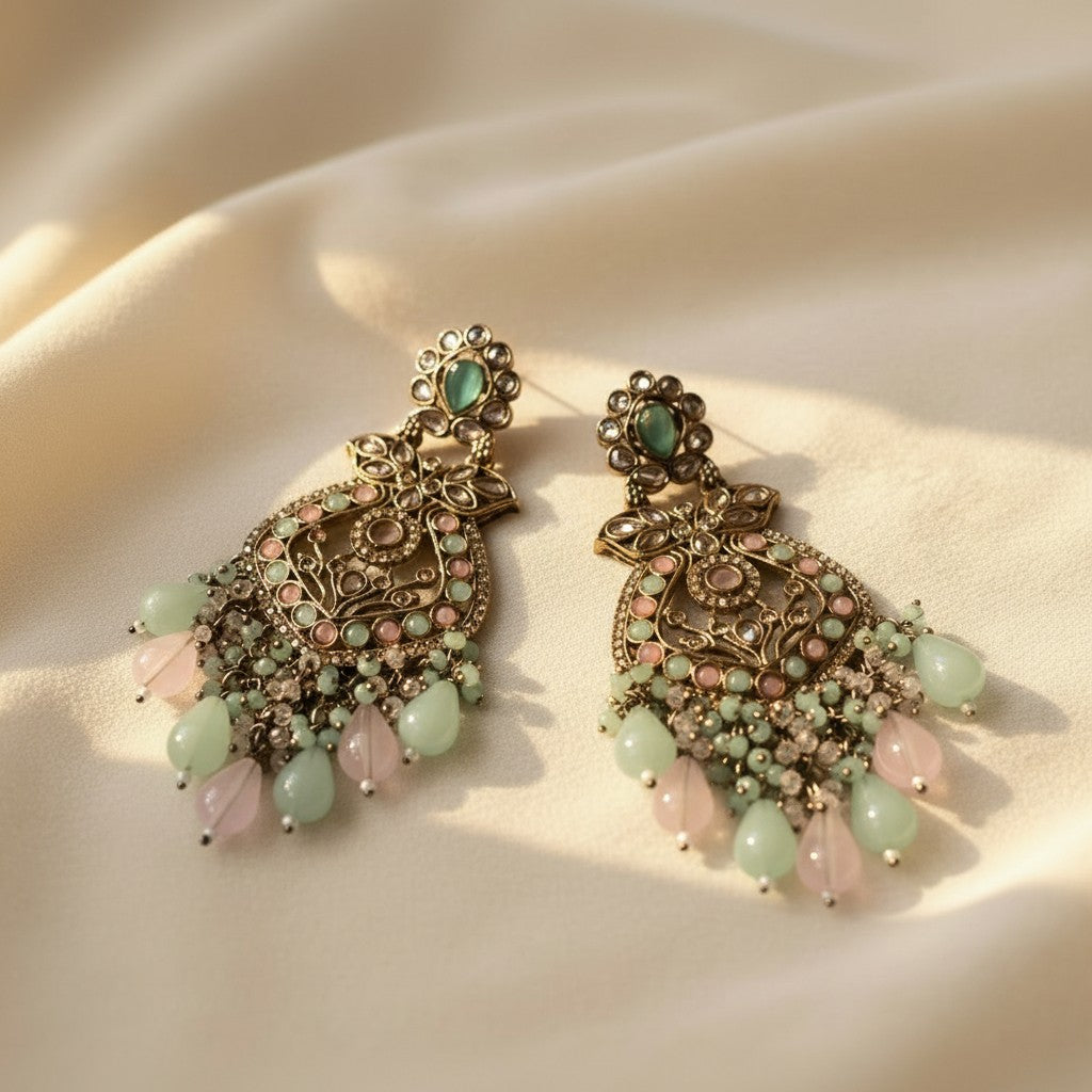 Mint & Blush Polki Chandbali Earrings