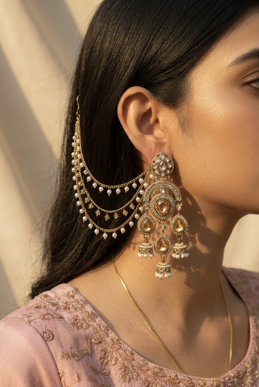 Amber-Toned Teardrop Earrings with Pearl Earchains