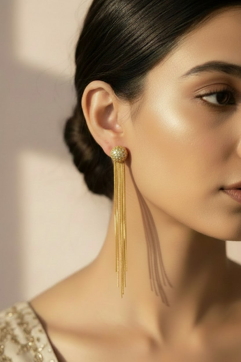 Luxe Gold Tassel Ball Stud Earrings