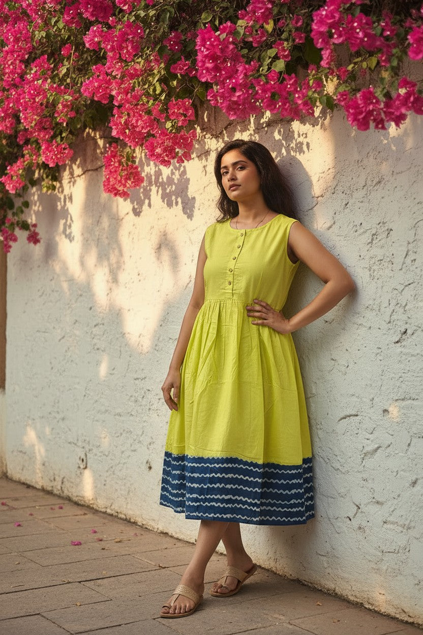 Lime Sunshine Bagru Block Print Midi Dress