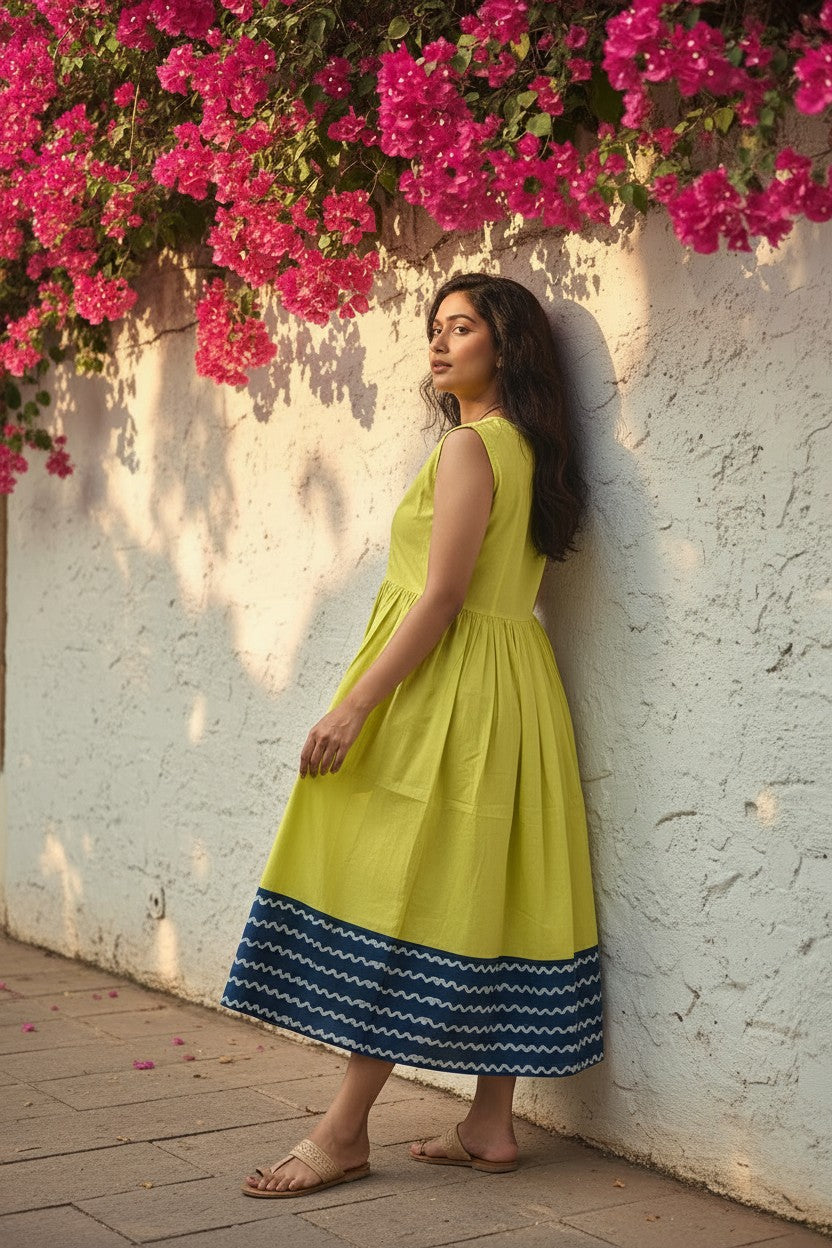 Lime Sunshine Bagru Block Print Midi Dress
