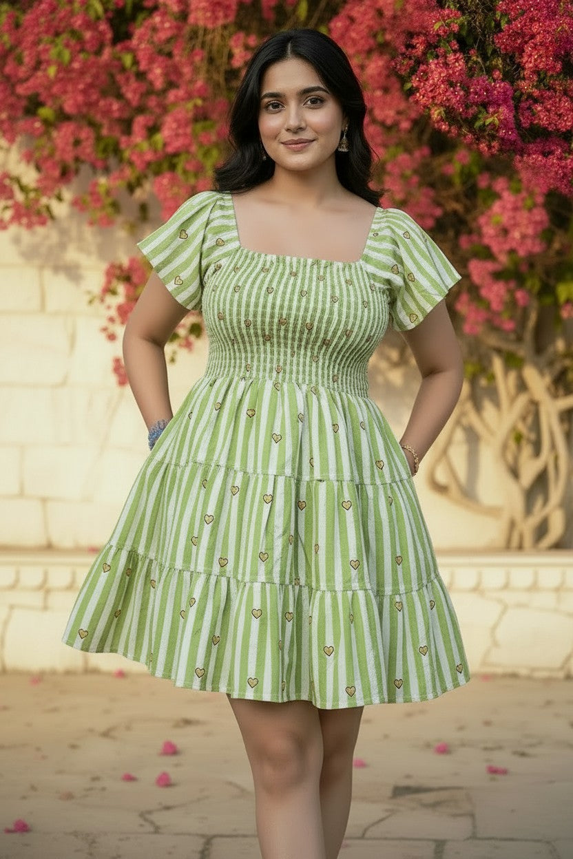 Green Stripe Heart Motif Smocked Mini Dress