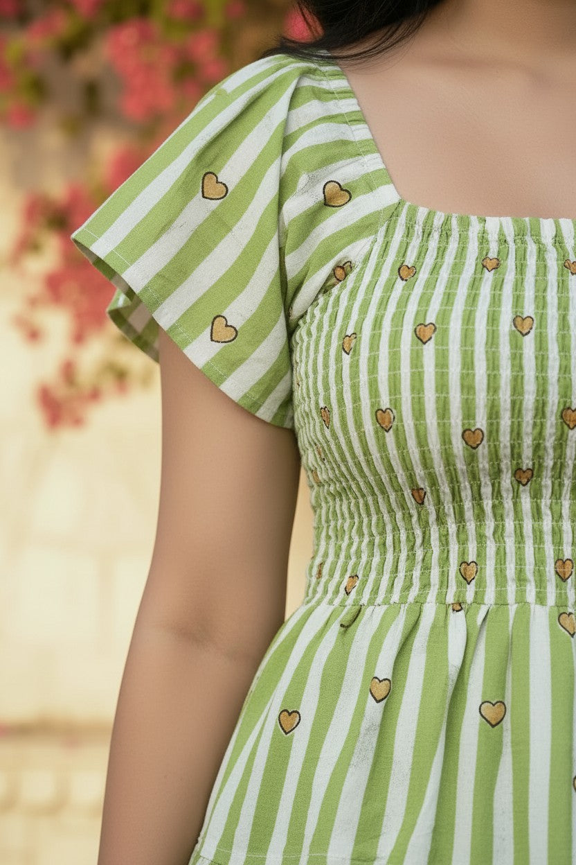 Green Stripe Heart Motif Smocked Mini Dress