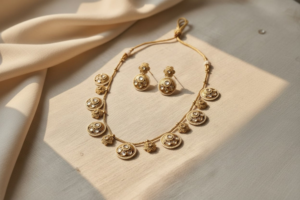 Antique Gold Polki Coin Necklace Set