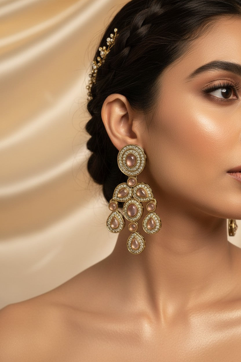 Rose Quartz Cabochon Chandelier Earrings
