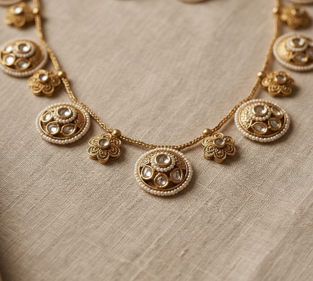 Antique Gold Polki Coin Necklace Set