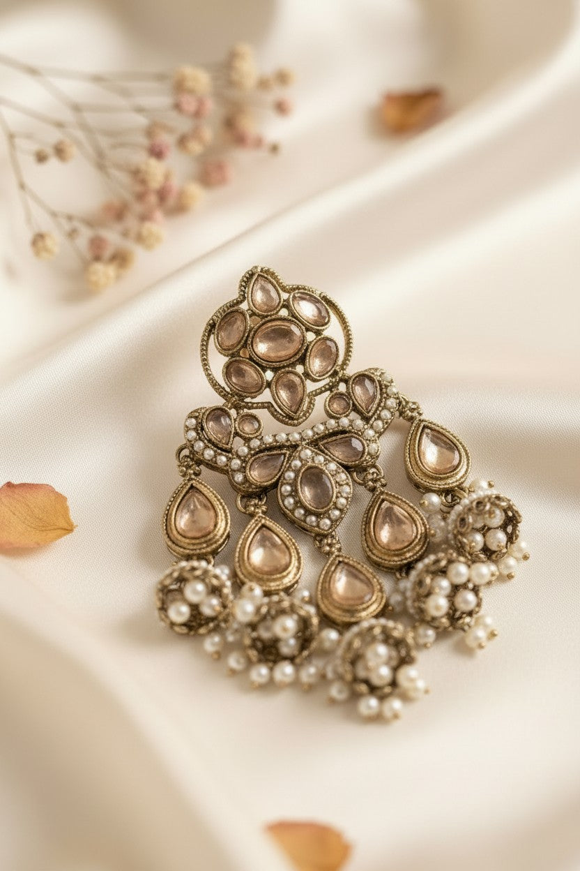 Kundan Chandelier Earrings with Pearl Jhumka Drops