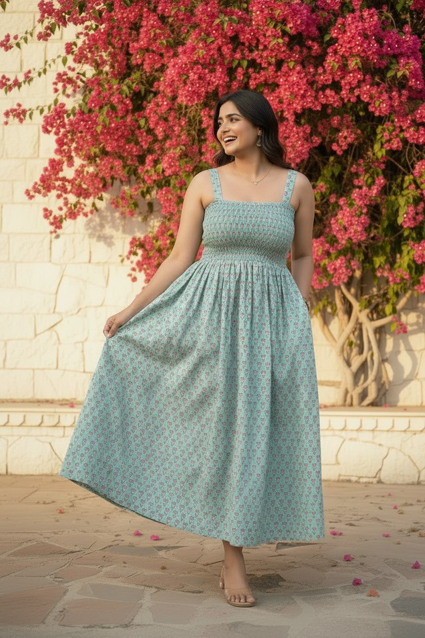 Mint Bloom Smocked Maxi Dress