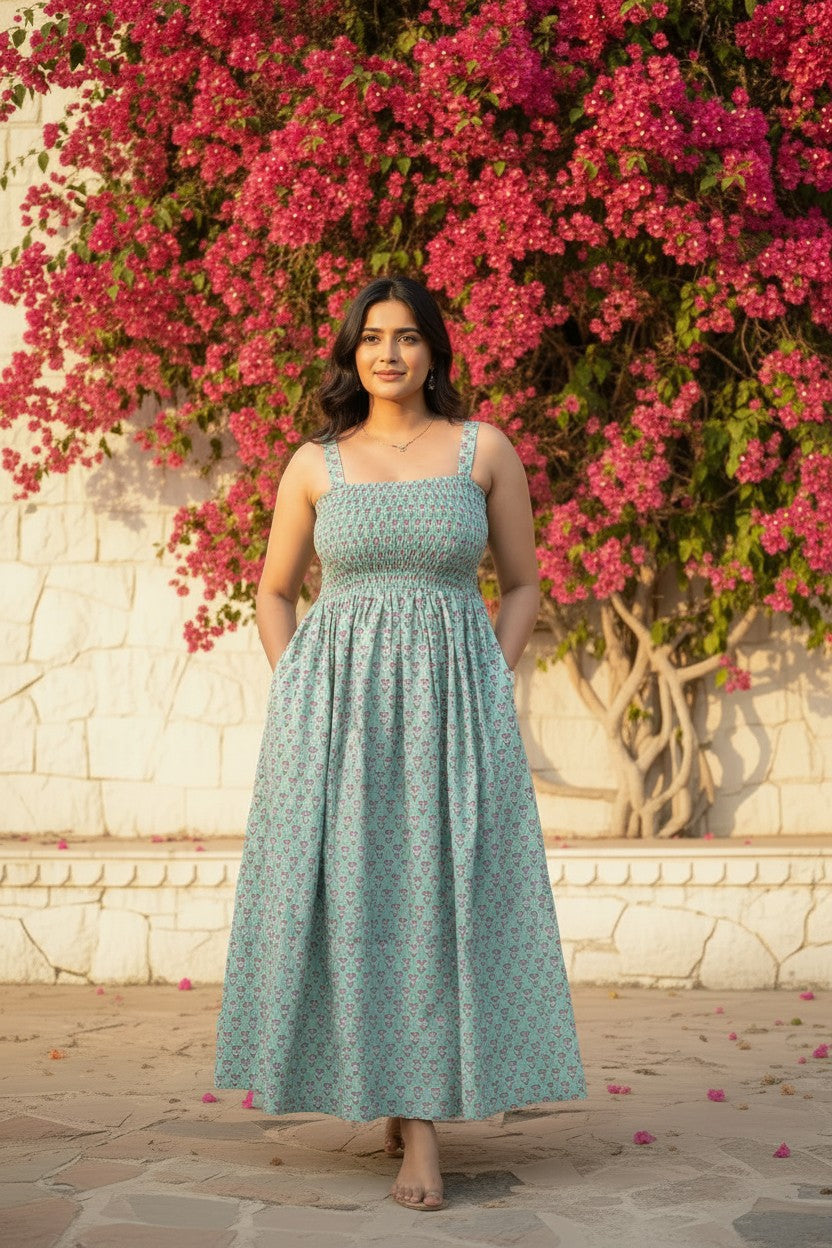 Mint Bloom Smocked Maxi Dress
