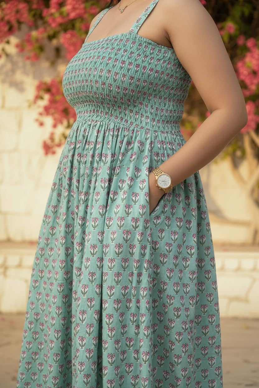 Mint Bloom Smocked Maxi Dress