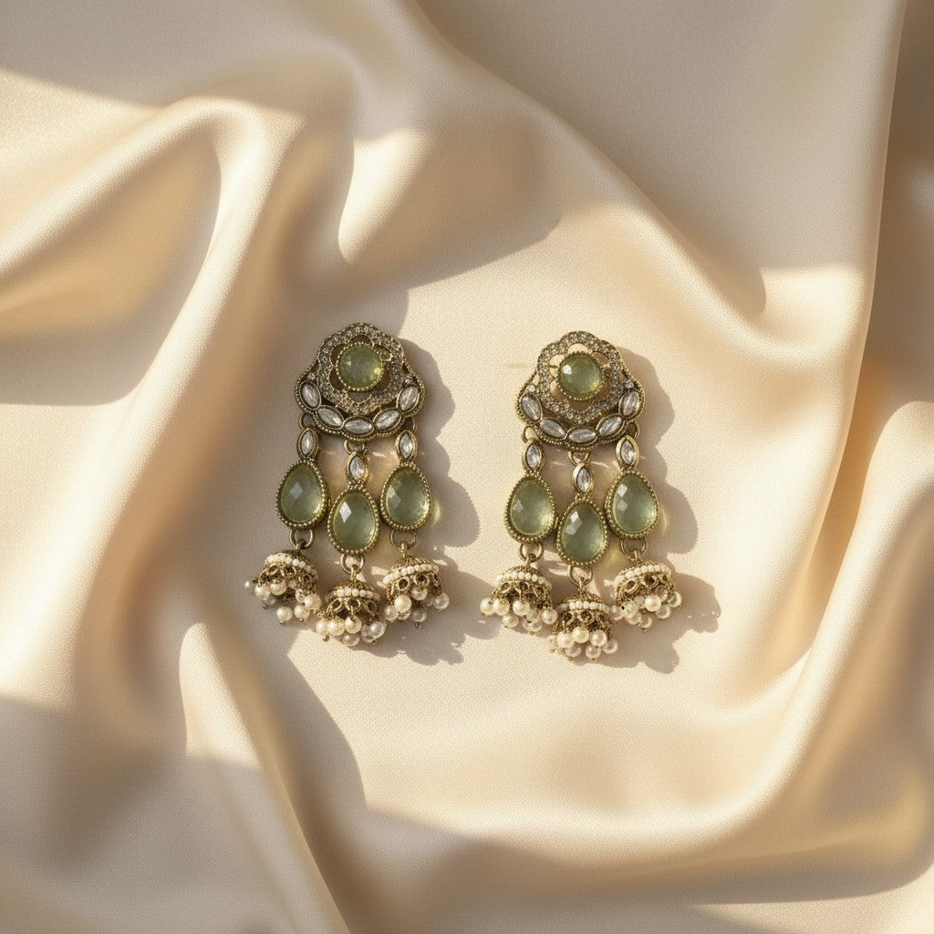 Kundan Mint Green Jhumka Drop Earrings