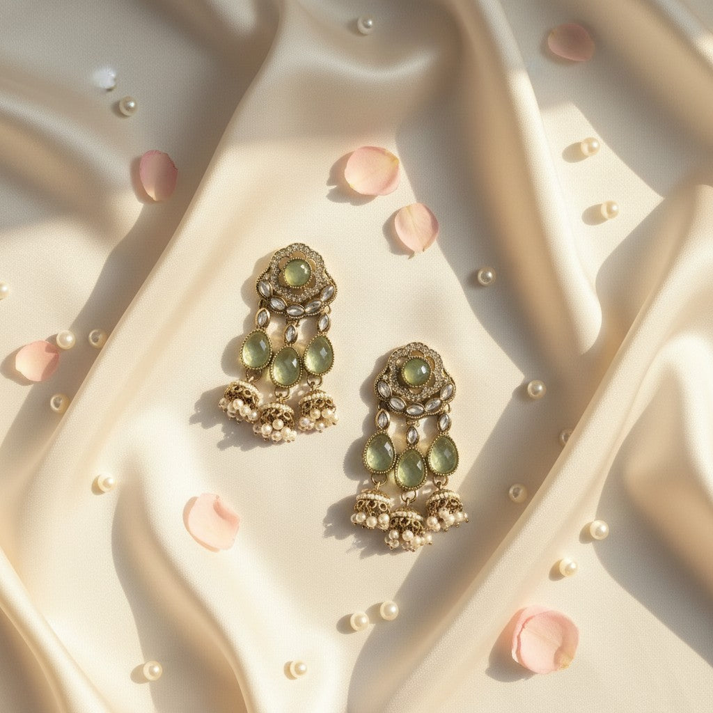 Kundan Mint Green Jhumka Drop Earrings